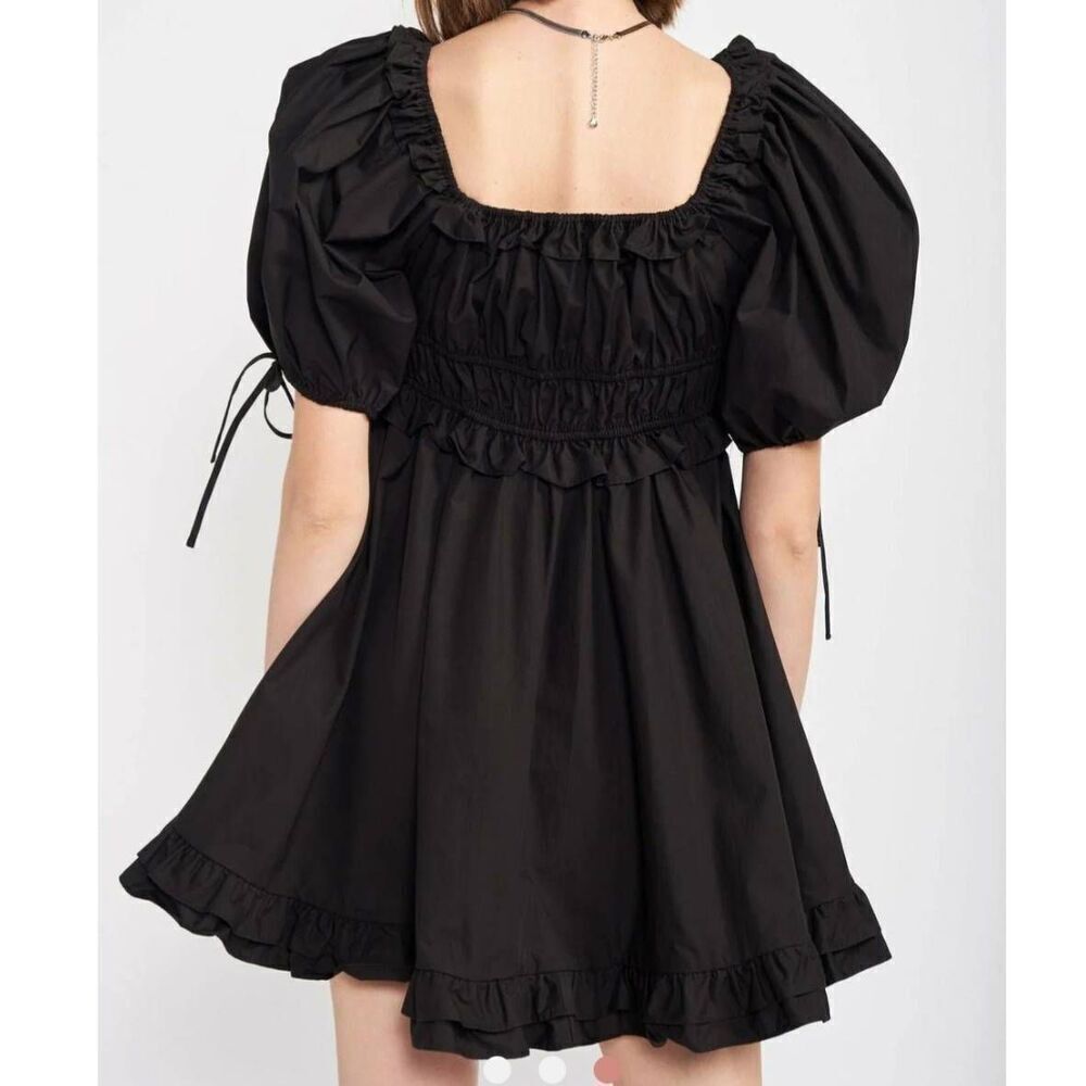 NWT En Saison Dress Women's Medium Black Cotton Poplin Mini Puff Sleeve - Picture 6 of 6